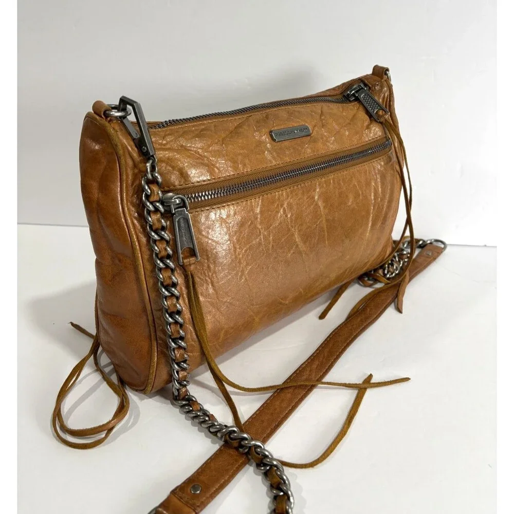 Rebecca Minkoff Women's Crinkled Leather Cognac Brown Crossbody Shoulder Bag